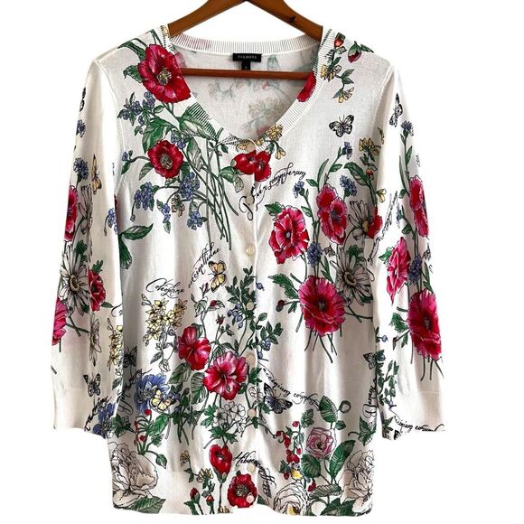 Talbots Womens Sz L Floral Butterfly Cardigan Sweater Cotton Cottagecore Country - Picture 1 of 11
